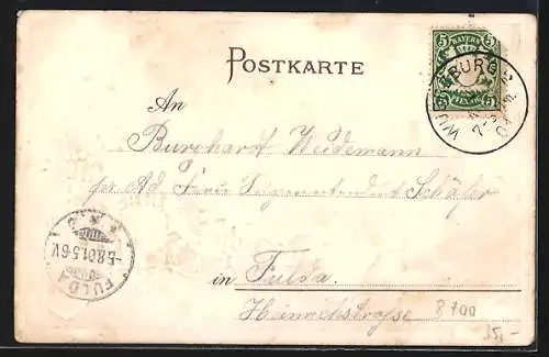 Passepartout-Lithographie Würzburg, Gartenseite der Residenz, geprägtes Wappen