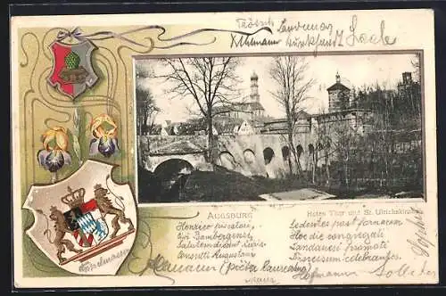 Passepartout-Lithographie Augsburg, Rotes Thor und St. Ulrichskirche, Wappen