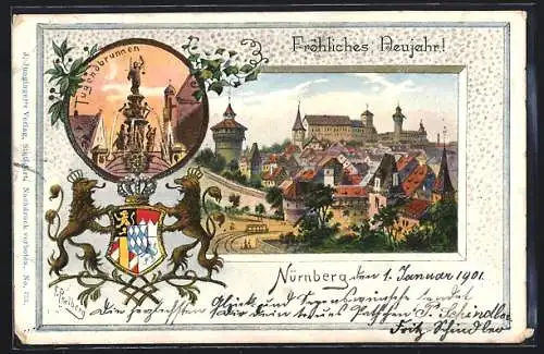 Passepartout-Lithographie Nürnberg, Tugendbrunnen und Ortsansicht, Wappen