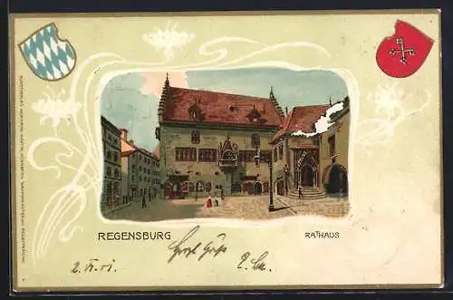 Passepartout-Lithographie Regensburg, Rathaus am Stadtplatz, Wappen