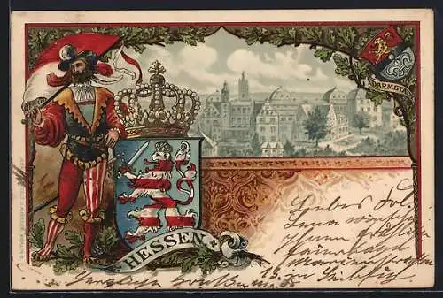 Lithographie Darmstadt, Panorama & Adelsmann mit Wappen von Hessen-Darmstadt