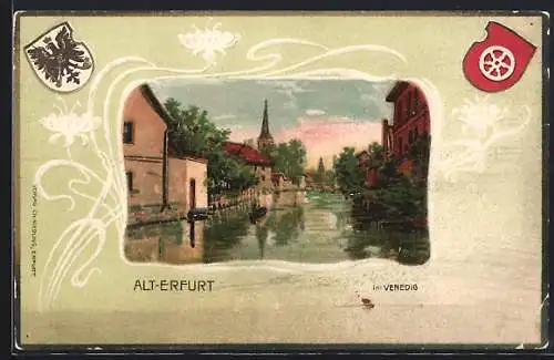 Passepartout-Lithographie Erfurt, Venedig in Alt-Erfurt, Wappen