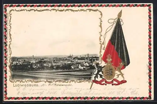 Passepartout-Lithographie Ludwigsburg / Württemberg, Totalansicht übers Feld, Wappen und Flagge