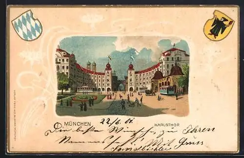 Passepartout-Lithographie München, Partie am Karlsthor, Wappen