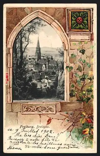 Passepartout-Lithographie Freiburg /Breisgau, Münster im Stadtbild