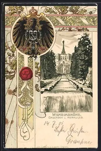 Passepartout-Lithographie Wilhelmshöhe, Cascaden und Herkules, Wappen