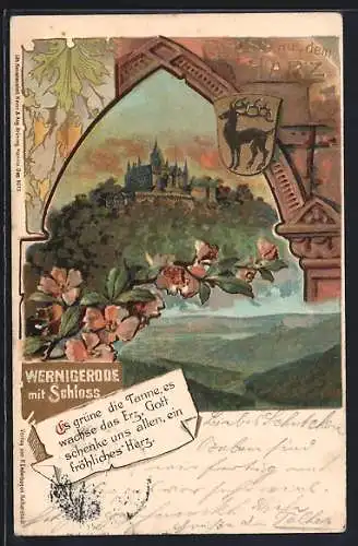 Lithographie Wernigerode /Harz, Blick zum Schloss, Wappen