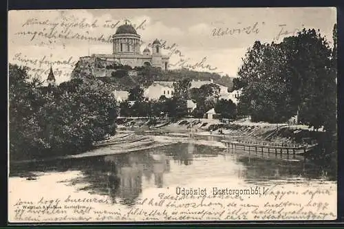 AK Esztergom, Flusspartie mit Blick zur Sankt-Adalbert-Kathedrale