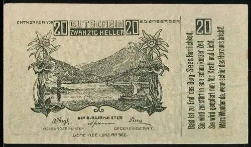 Notgeld Lunz am See 1920, 20 Heller, Bergsee mit Segelboot und Edelweiss-Motiven