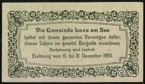 Notgeld Lunz am See 1920, 20 Heller, Bergsee mit Segelboot und Edelweiss-Motiven