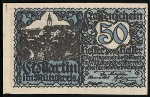 Notgeld St. Martin 1920, 50 Heller, Ortsansicht und Reiter mit Mantelteilung