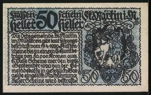 Notgeld St. Martin 1920, 50 Heller, Ortsansicht und Reiter mit Mantelteilung