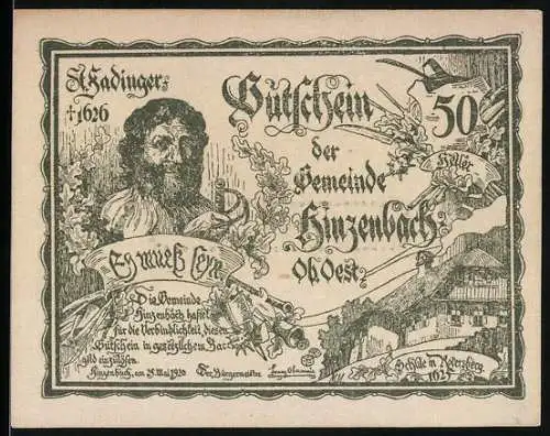 Notgeld Hinzenbach 1920, 50 Heller, mit Porträt St. Fadinger und Dorfansicht, Druck von Karl Lanz, Eferding