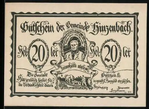 Notgeld Hinzenbach, 20 Heller, Porträt Matthäus Surer erster Bürgermeister, Landschaftsmotiv, Druck Karl Lanz, Eferding