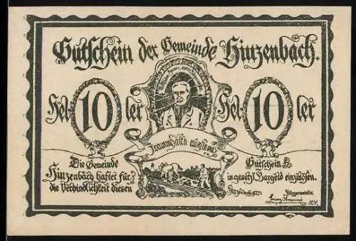 Notgeld Hinzenbach, 10 Heller, Porträt Matthäus Surer erster Bürgermeister, Landschaftsmotiv, Druck Karl Lanz, Eferding