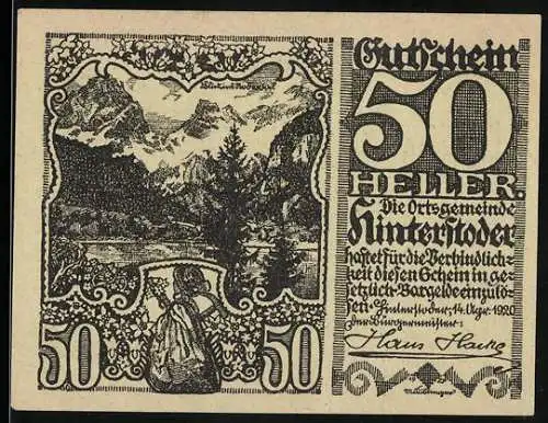 Notgeld Hinterstoder 1920, 50 Heller, Berglandschaft und Wanderer, Text Rückseite