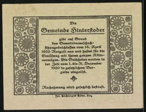 Notgeld Hinterstoder 1920, 50 Heller, Berglandschaft und Wanderer, Text Rückseite