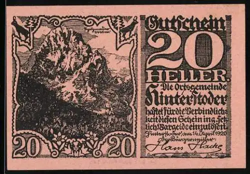 Notgeld Hinterstoder 1920, 20 Heller, Berglandschaft und Text