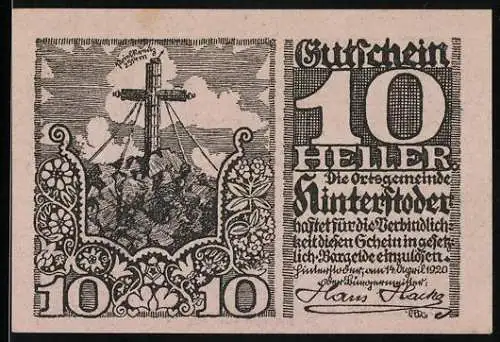 Notgeld Hinterstoder 1920, 10 Heller, Kreuz auf Berggipfel, florale Ornamente