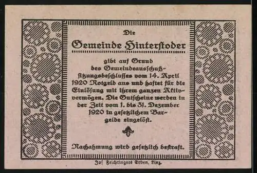 Notgeld Hinterstoder 1920, 10 Heller, Kreuz auf Berggipfel, florale Ornamente