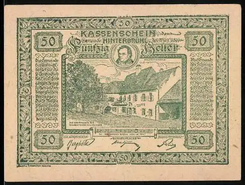 Notgeld Hinterbrühl 1920, 50 Heller, Wirtshaus und Wehrturm