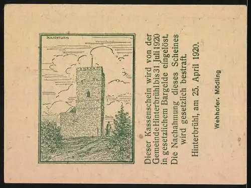Notgeld Hinterbrühl 1920, 50 Heller, Wirtshaus und Wehrturm