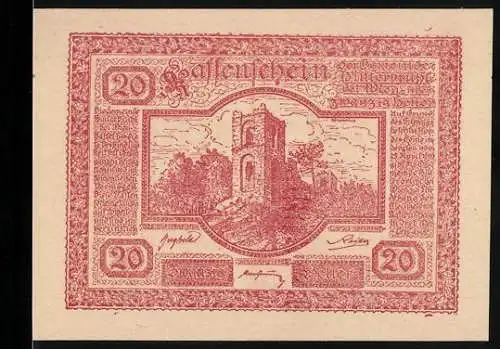 Notgeld Hinterbrühl 1920, 20 Heller, Burgruine mit Julienturm, rote Tönung