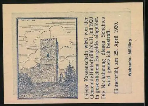 Notgeld Hinterbrühl 1920, 10 Heller, Landschaft und Julienturm