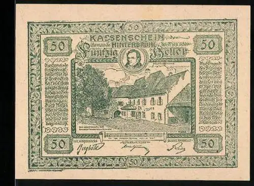 Notgeld Hinterbrühl 1920, 50 Heller, Gebäudeansicht, Nischenstatue, Landschaft und Inschrift mit Tempelmotiv