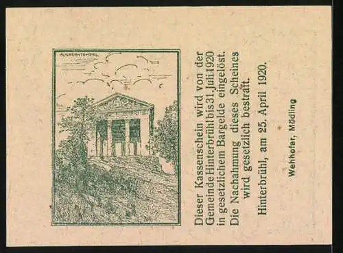 Notgeld Hinterbrühl 1920, 50 Heller, Gebäudeansicht, Nischenstatue, Landschaft und Inschrift mit Tempelmotiv