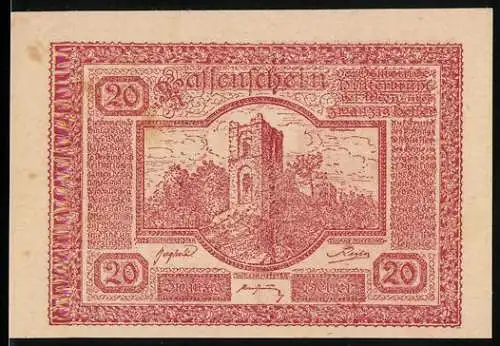 Notgeld Hinterbrühl 1920, 20 Heller, Ruine mit Bäumen und klassischer Tempelstruktur, Seriennummer und Stempel