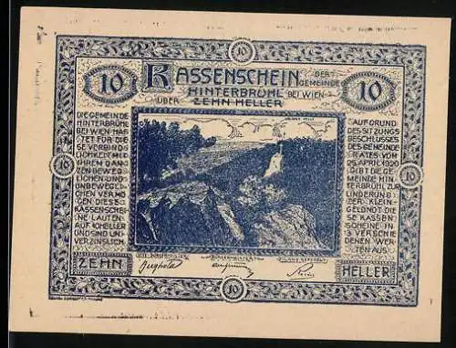 Notgeld Hinterbrühl 1920, 10 Heller, Landschaft und Burg Liechtenstein, Text umrahmt von floralem Muster