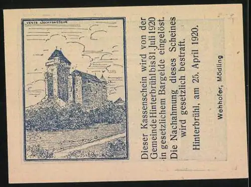 Notgeld Hinterbrühl 1920, 10 Heller, Landschaft und Burg Liechtenstein, Text umrahmt von floralem Muster