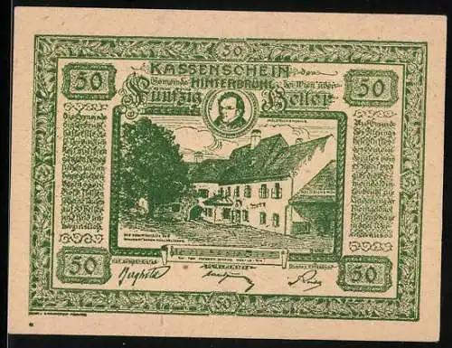 Notgeld Hinterbrühl 1920, 50 Heller, Gasthof mit Landschaft und Burgruine Mödling im Hintergrund