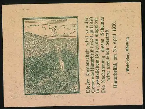 Notgeld Hinterbrühl 1920, 50 Heller, Gasthof mit Landschaft und Burgruine Mödling im Hintergrund