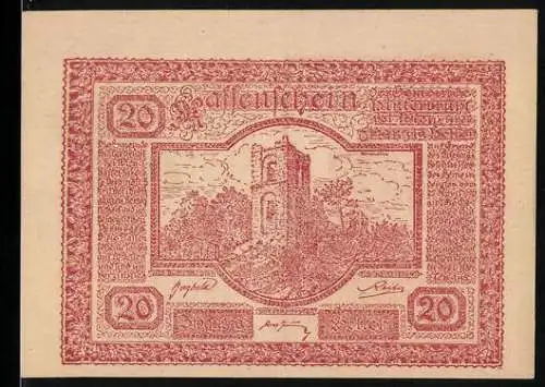 Notgeld Hinterbrühl 1920, 20 Heller, Burgruine und Tempelmotiv, mit Gemeindesiegel