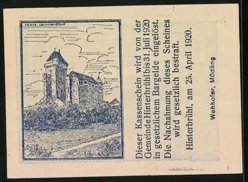 Notgeld Hinterbrühl 1920, 10 Heller, Landschaft und Burgansicht