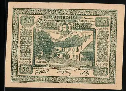 Notgeld Hinterbrühl 1920, 50 Heller, Gebäude mit Portrait und Burg Liechtenstein