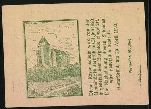 Notgeld Hinterbrühl 1920, 50 Heller, Gebäude mit Portrait und Burg Liechtenstein