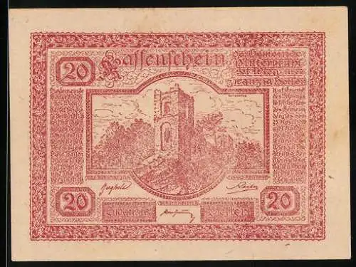 Notgeld Hinterbrühl 1920, 20 Heller, Burgruinen und Siegel der Gemeinde