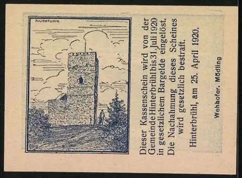 Notgeld Hinterbrühl 1920, 10 Heller, Landschaft und Ruine