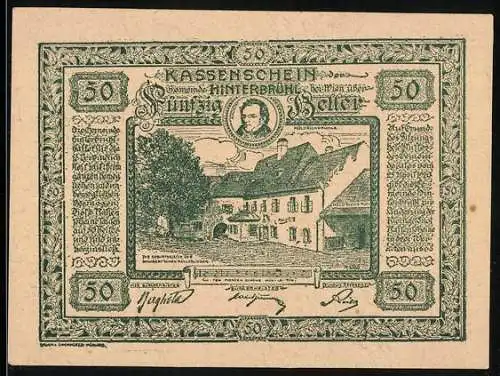 Notgeld Hinterbrühl 1920, 50 Heller, Gebäude und Porträt, Veste Liechtenstein