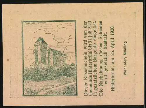 Notgeld Hinterbrühl 1920, 50 Heller, Gebäude und Porträt, Veste Liechtenstein