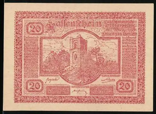 Notgeld Hinterbrühl 1920, 20 Heller, Burgruine und klassizistisches Gebäude, roter Druck