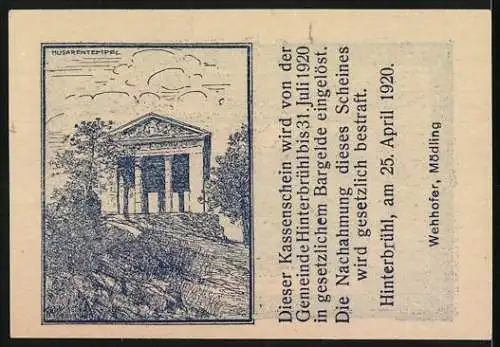 Notgeld Hinterbrühl 1920, 10 Heller, Landschaft und Tempelmotiv