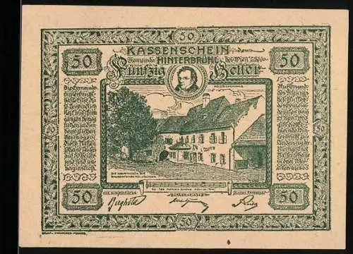 Notgeld Hinterbrühl 1920, 50 Heller, Gasthof und Burg, Porträt