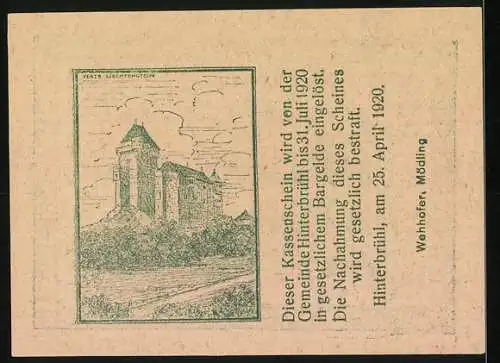 Notgeld Hinterbrühl 1920, 50 Heller, Gasthof und Burg, Porträt