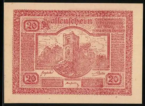 Notgeld Hinterbrühl 1920, 20 Heller, Burgruine und Burgansicht