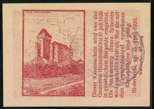 Notgeld Hinterbrühl 1920, 20 Heller, Burgruine und Burgansicht