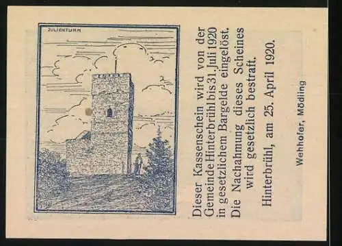 Notgeld Hinterbrühl 1920, 10 Heller, Landschaftsmotiv und Julienturm